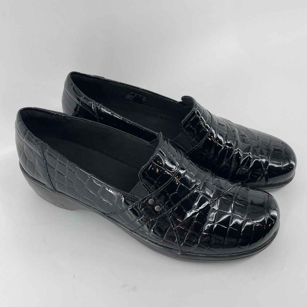 Clarks Loafers Women Size 9.5‎ M Black Patent Faux Leather Croc Slip On Shoes